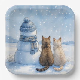 Katten die zitten met een sneeuwman in een veld papieren bordje