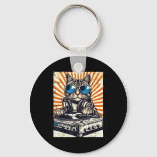 Katten DJ hoofdtelefoon Draaitafel Vintage Muziek  Sleutelhanger
