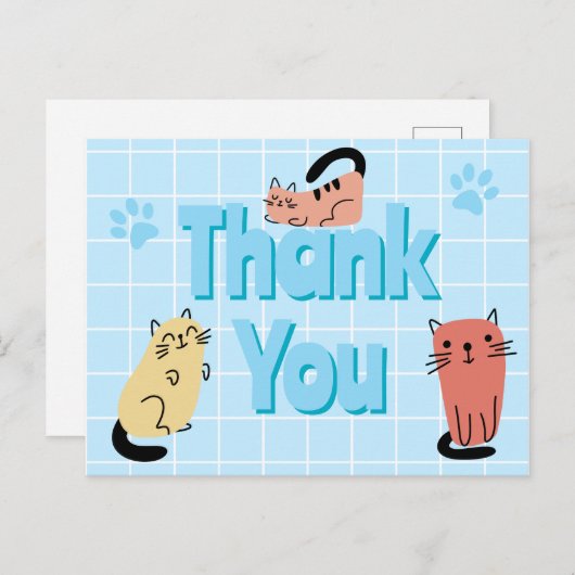 Katten Doodle Blauw Dank Je  Briefkaart (Voorkant / Achterkant)