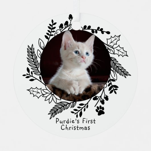 Katten Eerste Kerst Gepersonaliseerde Foto en Naam Metalen Ornament (Voorkant)