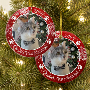 Katten Eerste Kerst Sneeuwvlok Foto Rood Wit Keramisch Ornament