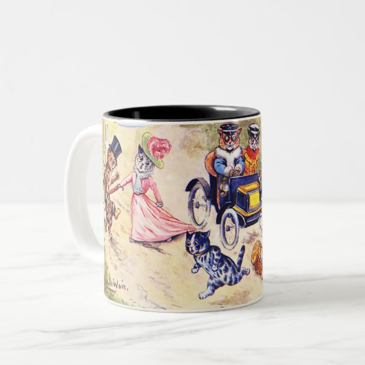 Katten en auto's van Louis Wain Tweekleurige Koffiemok (Voorkant links)