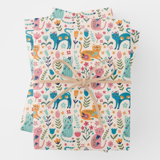 Katten en bloemen inpakpapier vel (In situ)