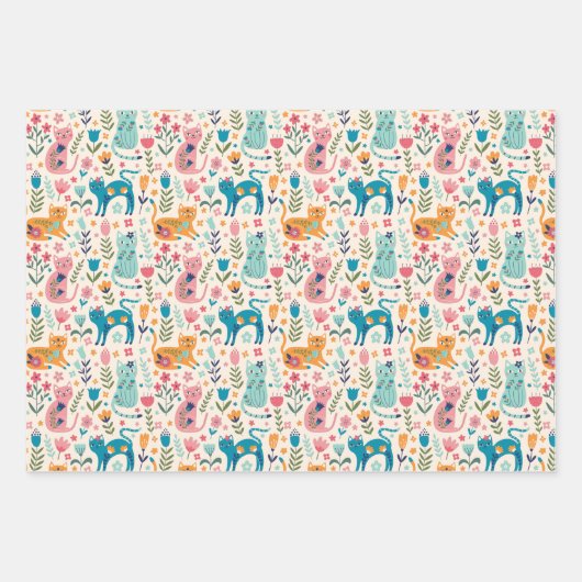 Katten en bloemen inpakpapier vel (Voorkant)