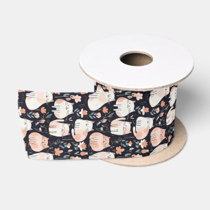 Katten en Bloemen Koraal Roze Zwart Patroon Satijnen Lint