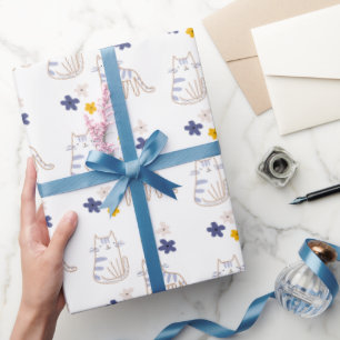 Katten en bloemen op wit cadeaupapier