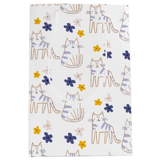 Katten en bloemen op wit medium cadeauzakje (Voorkant)