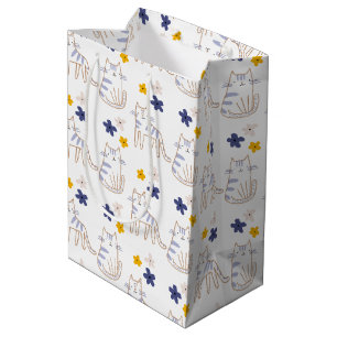 Katten en bloemen op wit medium cadeauzakje