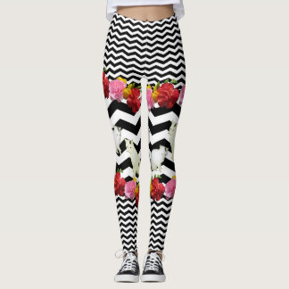 Katten en bloemen op zwarte Chevron Leggings
