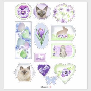 Katten en bloemen Stickers voor Pasen en Lente