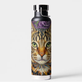Katten- en bloemmotief | Mooie artistieke kat  Waterfles
