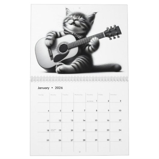 Katten en gitaren zwart en wit 2025 kalender (Jan 2026)