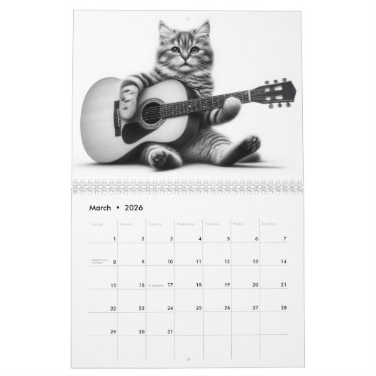 Katten en gitaren zwart en wit 2026 kalender (Mar 2026)