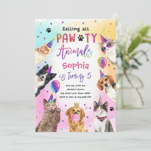 Katten en Honden Feest Pawty Dieren Meisje Verjaar Kaart (Staand voorkant)