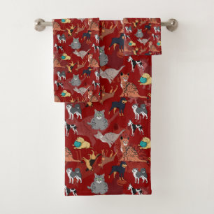 Katten en honden patroonontwerp op rood bad handdoek