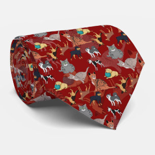 Katten en honden patroonontwerp op rood stropdas