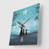 Katten en honden Winter Sunset Vierkante Klok (Hoek)