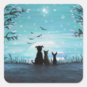 Katten en honden Winter Sunset Vierkante Sticker