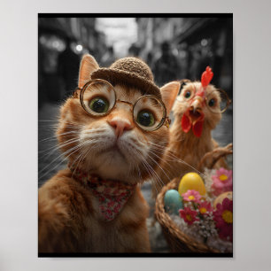 Katten- en kippen-selfie Grappige vintage Paaseier Poster