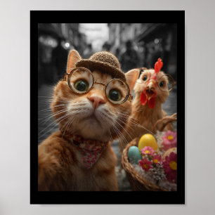 Katten- en kippen-selfie Grappige vintage Pasen Ei Poster