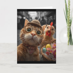 Katten- en kipselfie Grappige vintage Paaseieren Kaart
