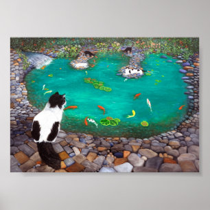 Katten en Koi Fish art print. Gift for cat lovers. Poster