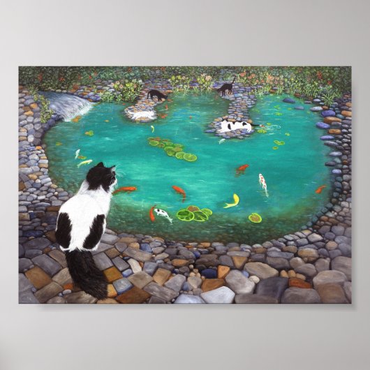 Katten en Koi Fish art print. Gift for cat lovers. Poster (Voorkant)
