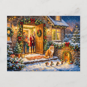 Katten- en muizen kerstdeurgenscène briefkaart