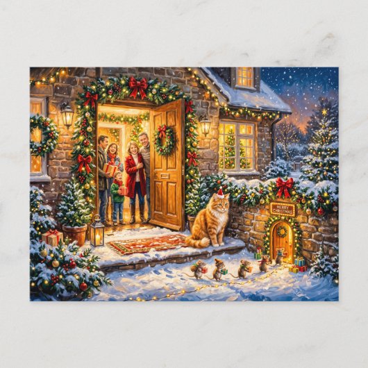 Katten- en muizen kerstdeurgenscène briefkaart (Voorkant)