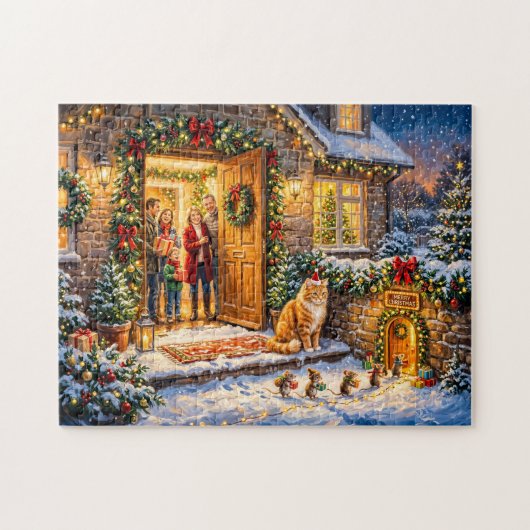 Katten- en muizen kerstdeurscène legpuzzel (Horizontaal)