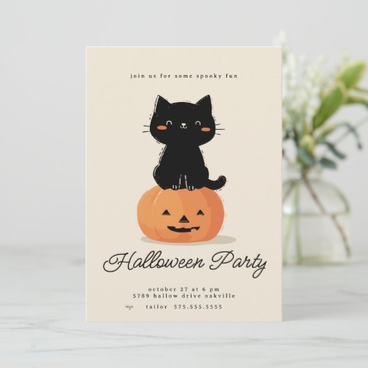 Katten- en pompoen-Halloweenfeest Feestdagenkaart (Staand voorkant)
