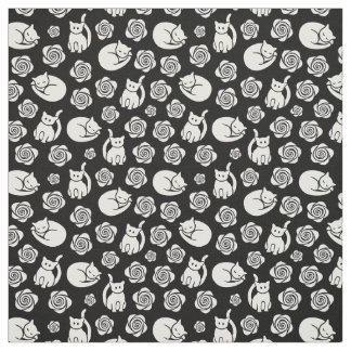 Katten en Rozen zwart en wit Stof