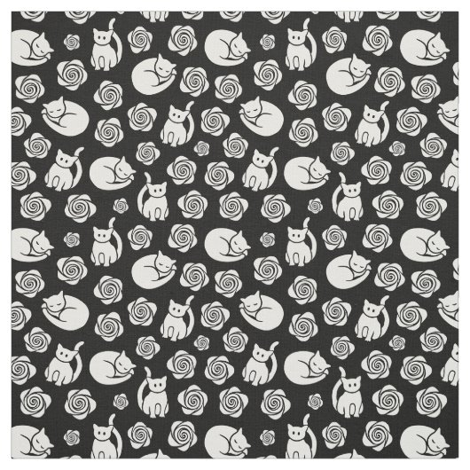 Katten en Rozen zwart en wit Stof (Swatch)