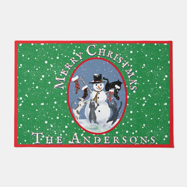  Katten en Sneeuwman Groene Rode Kerst Deurmat (Voorkant)