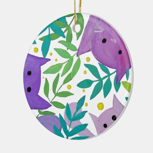 Katten en takken - paars en groen keramisch ornament (Links)