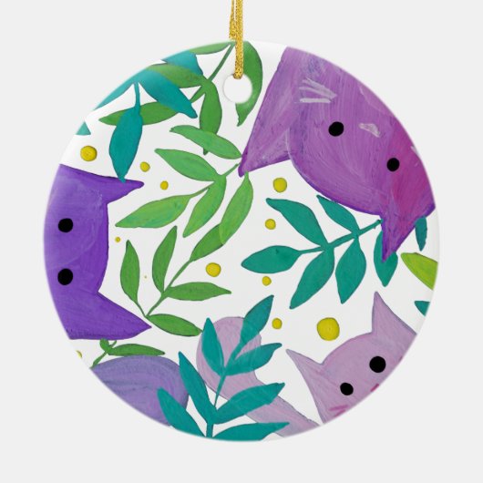 Katten en takken - paars en groen keramisch ornament (Achterkant)