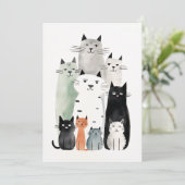 Katten en Vrienden Waterverf Gouache Illustratie Kaart (Staand voorkant)