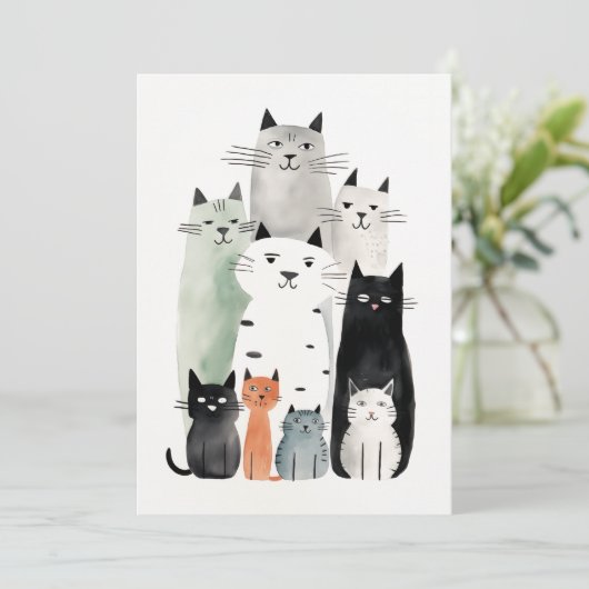 Katten en Vrienden Waterverf Gouache Illustratie Kaart (Staand voorkant)