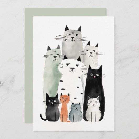 Katten en Vrienden Waterverf Gouache Illustratie Kaart (Voorkant / Achterkant)