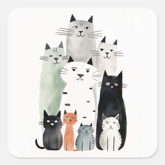 Katten en Vrienden Waterverf Gouache Illustratie Vierkante Sticker (Voorkant)
