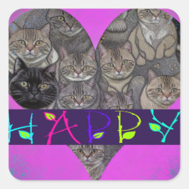 KATTEN GELUKKIG T-SHIRT VIERKANTE STICKER