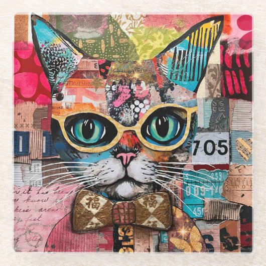 Katten gemengde gemengde papier collage glazen onderzetter (Voorkant)