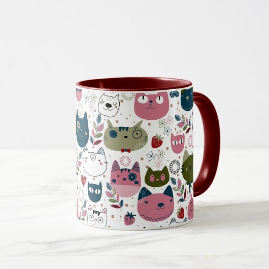 Katten gezichten gedempt warm groen blauwgroen roz mok (Voorkant rechts)