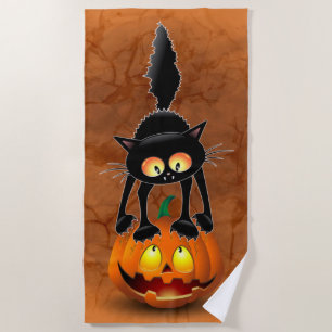 Katten Halloween Bang Tekentrick op Pompoen Strandlaken