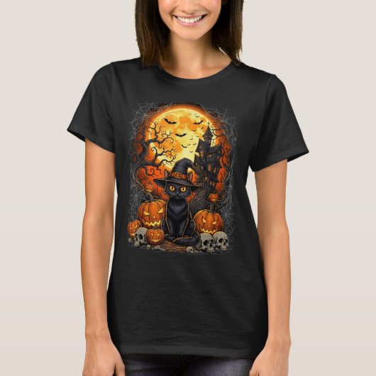 Katten Halloween Pompoen Zwart T-shirt (Voorkant)