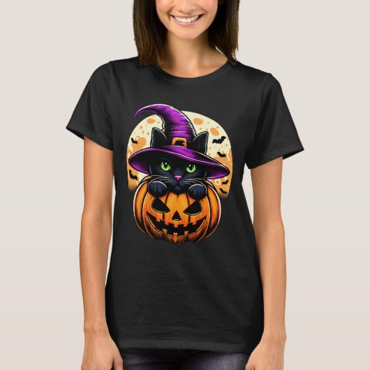 Katten Halloween Pompoen Zwarte Kat Optreden T-shirt (Voorkant)