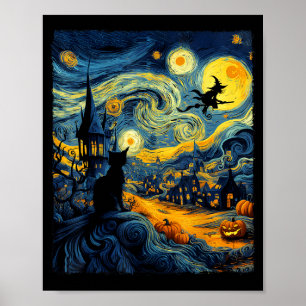 Katten Halloween Van Gogh Sterrennacht Pompoen Man Poster