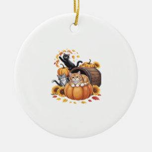 Katten Herfst Eikenboom Pompoenen Thanksgiving Zon Keramisch Ornament