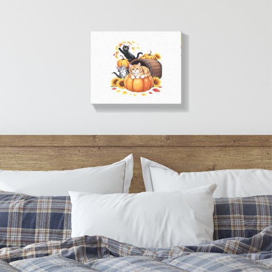 Katten Herfst Herfst Pompoenen Thanksgiving Zonneb Canvas Afdruk (Insitu (Slaapkamer))