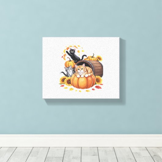 Katten Herfst Herfst Pompoenen Thanksgiving Zonneb Canvas Afdruk (Insitu (Houten vloer))